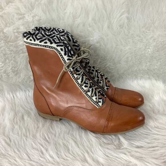 Fortress Of Inca Cameron Oxford Brown Leather Tapestry Trim Lace Up Booties 10 - Picture 1 of 8
